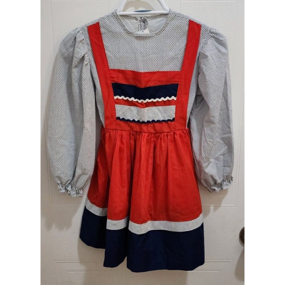 Vintage Sears Kids L/S Apron Bib Dress Girls Sz 7 Prairie Dirndl German Bavarian